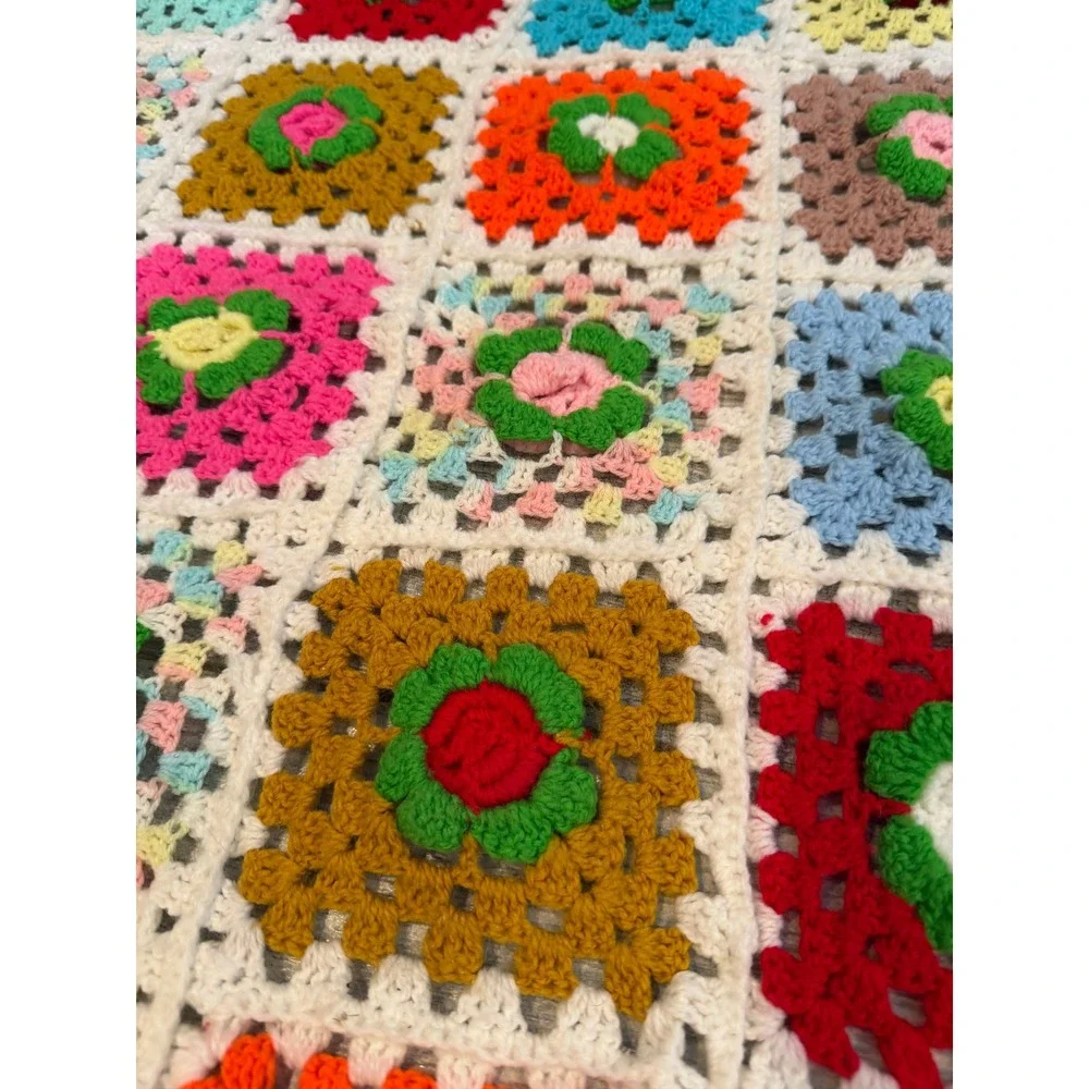 Crochet Granny Square Blanket Quilt Floral Retro Afghan Rainbow Throw Handmade